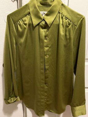Coldwater Creek Olive Green Satin Button-Up Blouse